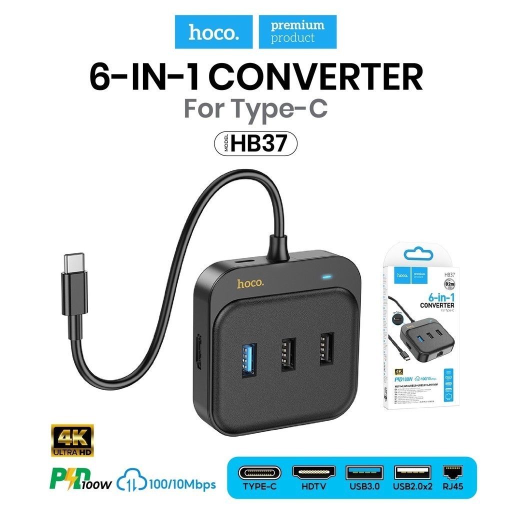 Hoco รุ่น HB37 ตัวแปลง เพิ่มช่อง HUB 6in1 Type-C Converter to HDTV+RJ45+USB3.0+USB2.0x2+PD100W สำหรั