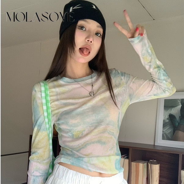 โมลาโซเมะ ผู้หญิง2024แฟชั่นใหม่สีคมชัดคอกลมแขนยาวครีมกันแดดเสื้อยืดหลวม