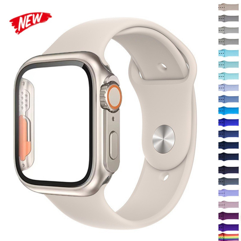 สายซิลิโคนพร้อมเคสกระจกสําหรับ iWatch Series 9 8 7 6 45 มม.41 มม.44 มม.40 มม.ป้องกันหน้าจอวงดนตรีสําหรับ iWatch SE 5 4 3 38 มม.42 มม.อัลตร้า 49 มม