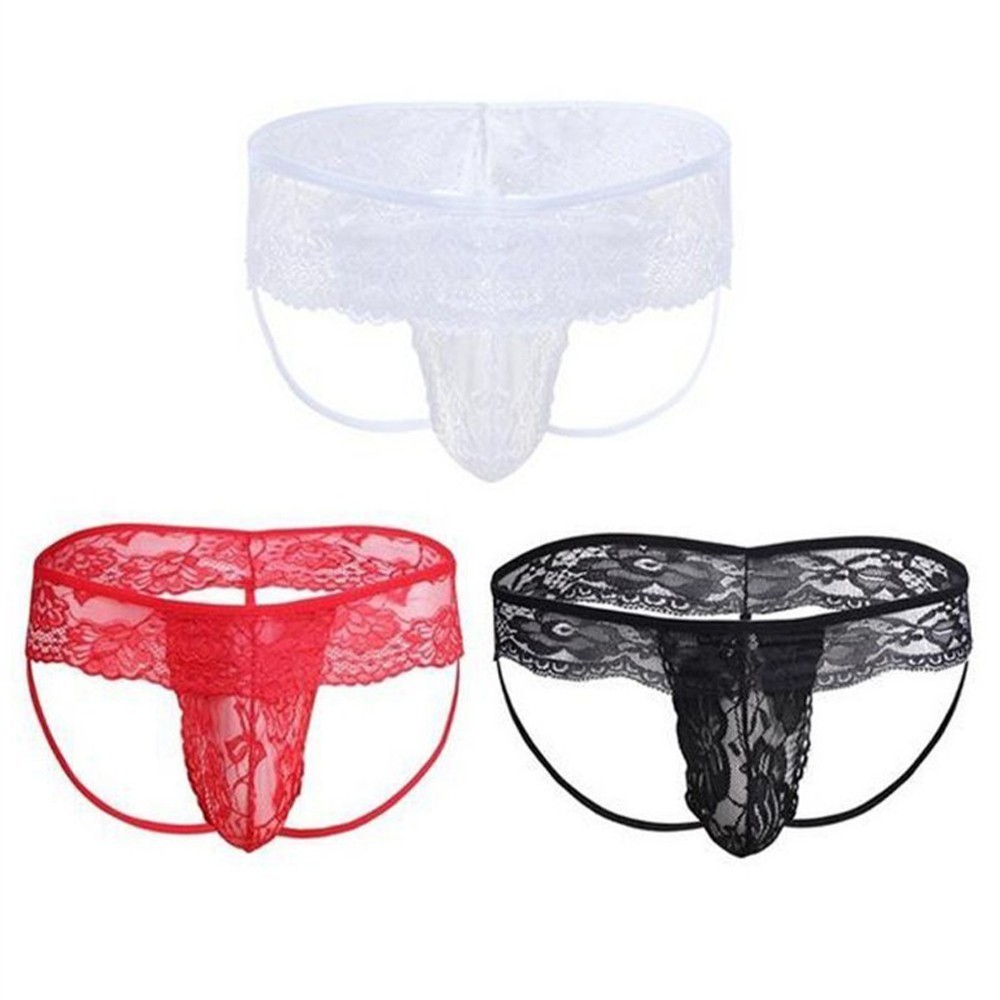 สต็อก Men Lace See Through Sissy Pouch Thong Briefs รูปที่ 3