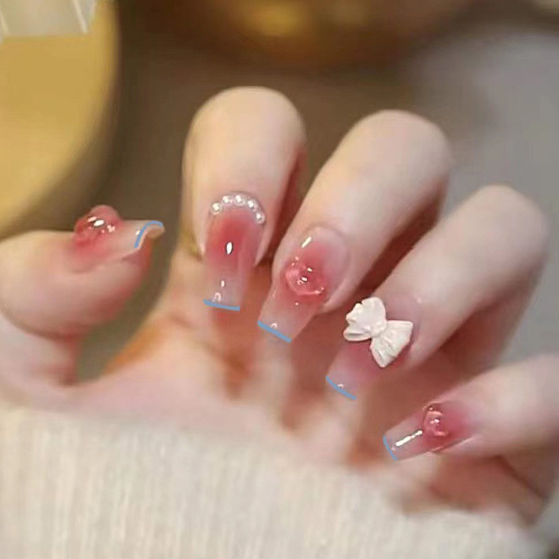 แผ่นแปะเล็บปลอม Pink Light Sensing เล็บเปลี่ยนสีสามมิติ Love Pearl Diamond Nail Suite พร้อมกาว