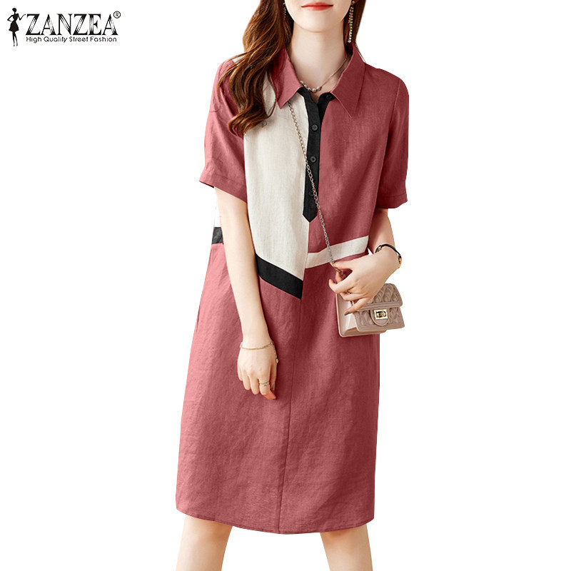 Zanzea ผู้หญิงลําลองแขนสั้นความยาวน่อง Patchwork หลวม Contrast Dress