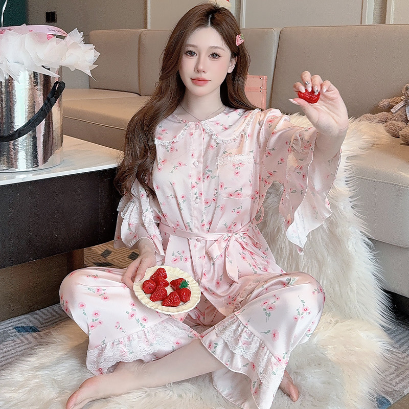 ชุดนอนผู้หญิงฤดูใบไม้ผลิฤดูร้อนหรูหราคุณภาพสูงผ้าไหมลูกไม้พิมพ์คอปีเตอร์แพนแขนยาวชุดอยู่บ้าน