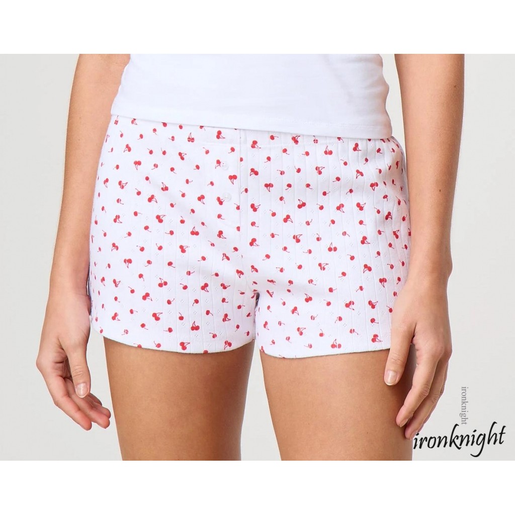 Ironknight-women Cherry Pattern Elastic Waistband Soft Casual Summer Lounge Shorts