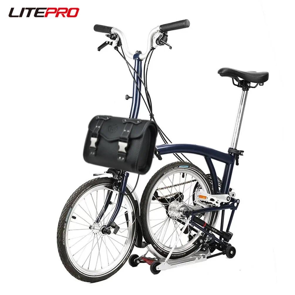 Litepro แบบพกพากันน้ําด้านหน้ากระเป๋าพับจักรยาน Retro หนังสําหรับ Brompton Dahon จักรยานกระเป๋าเก็บ