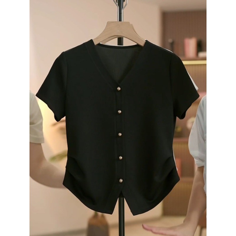 ส่งไวจากไทยLucy Shop มาใหม่เสื้อยืดแขนสั้นฤดูร้อนที่เรียบง่ายเก็บเอวแสดงอารมณ์ผอมด้านบน(ส่ง 24 ชั่วโมง)