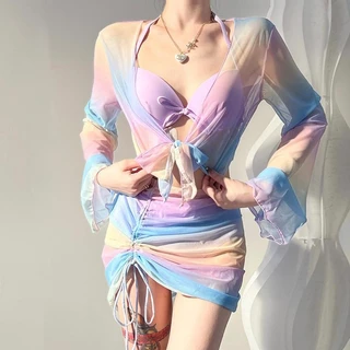 🌊 ส่งไวจากไทย 🌊 ชุดว่ายน้ำแขนยาว 4 ชิ้น บิกินี่เซ็กซี่ สไตล์เกาหลี Beachwear