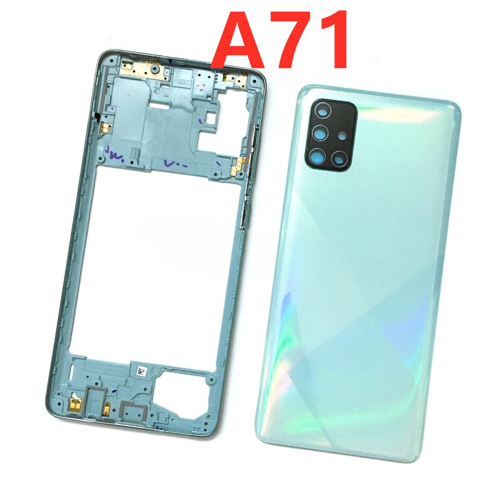 กรอบกลาง + ฝาหลังสําหรับ Samsung Galaxy A71 A71F กรณีแบตเตอรี่ด้านหลังพร้อมปุ่มปรับระดับเสียงไฟอะไหล่โทรศัพท์ A71 ฝาครอบแบตเตอรี่