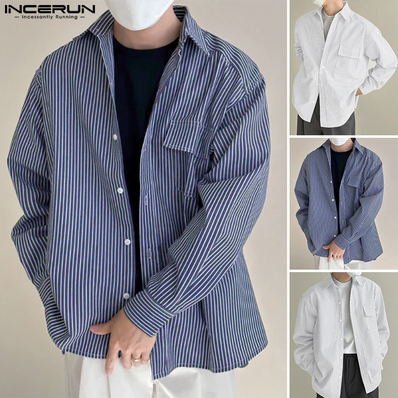 Incerun ผู้ชายเกาหลี Commute Casual Turn-Down-Collar เสื้อแขนยาวลายทาง ราคา ถูกที่สุด ดีลบีเคเค แกลเลอรีภาพที่ 3