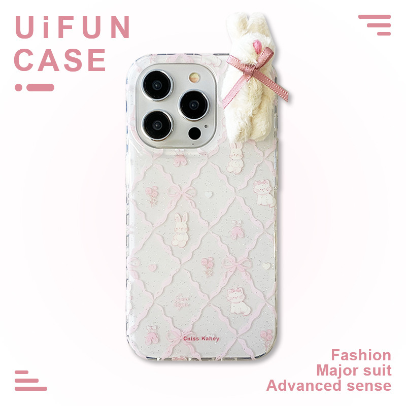 Bling 3D Bowknot กระต่าย IMD Lattice โทรศัพท์มือถือสําหรับ iPhone 16 15 14 13 Pro Max 16Pro Big Hole Shock ทนฝาครอบปลอก