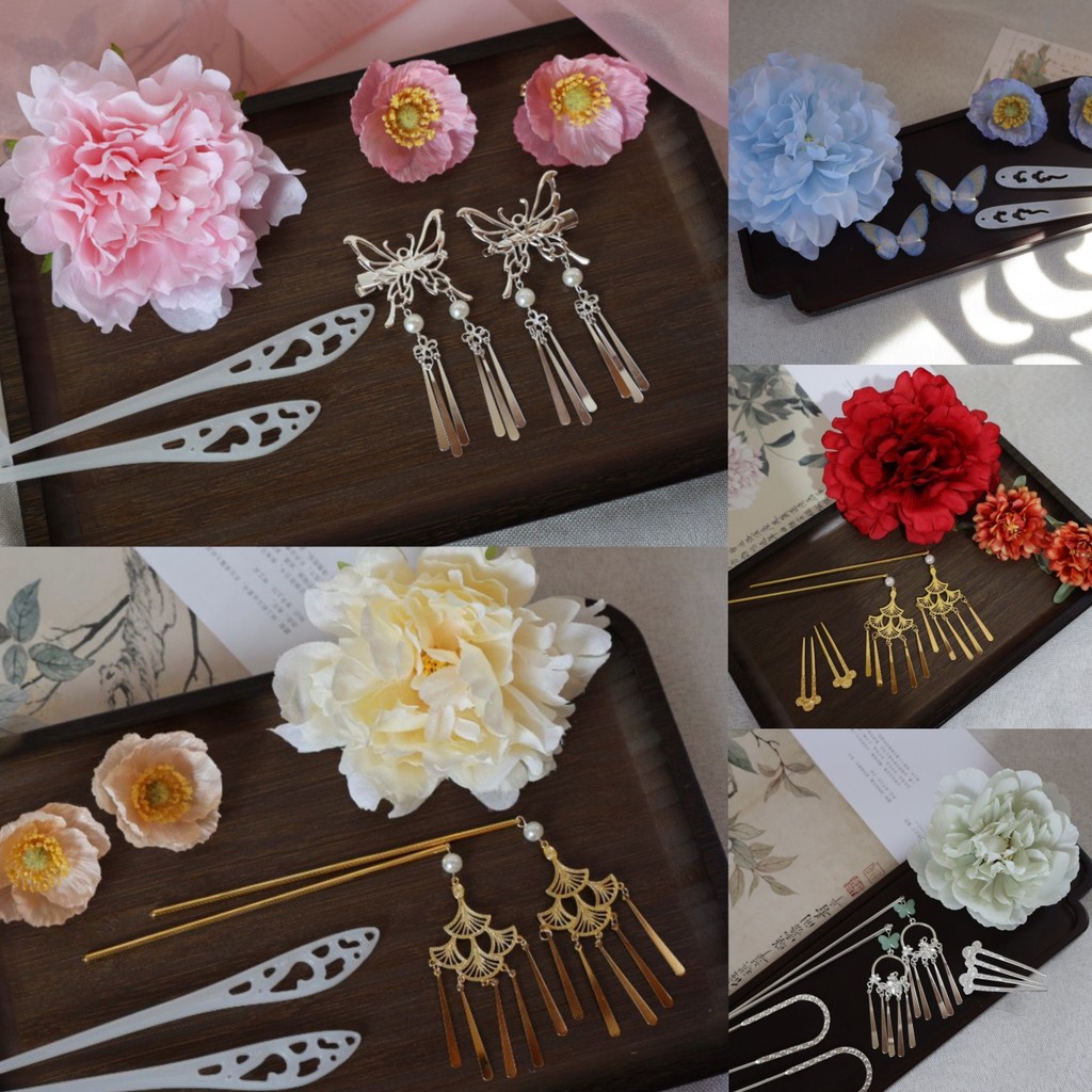 สไตล์จีนดอกไม้เครื่องประดับผมย้อนยุคชุดดอกไม้ผ้าไหมกิ๊บติดผมพู่เข้ากันทั้งหมด