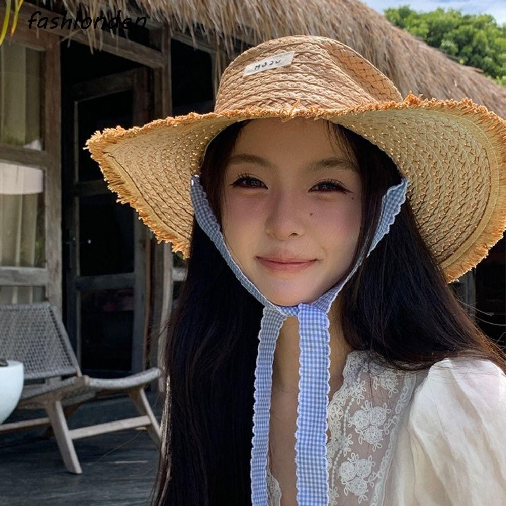 Fashionden หมวกกันแดดสานฟาง, ลายผูกเชือกฤดูร้อนครีมกันแดดหมวก, จดหมายหวานปีกกว้างป้องกันแสงแดด Bowknot Beach Sun หมวกท่องเที่ยว