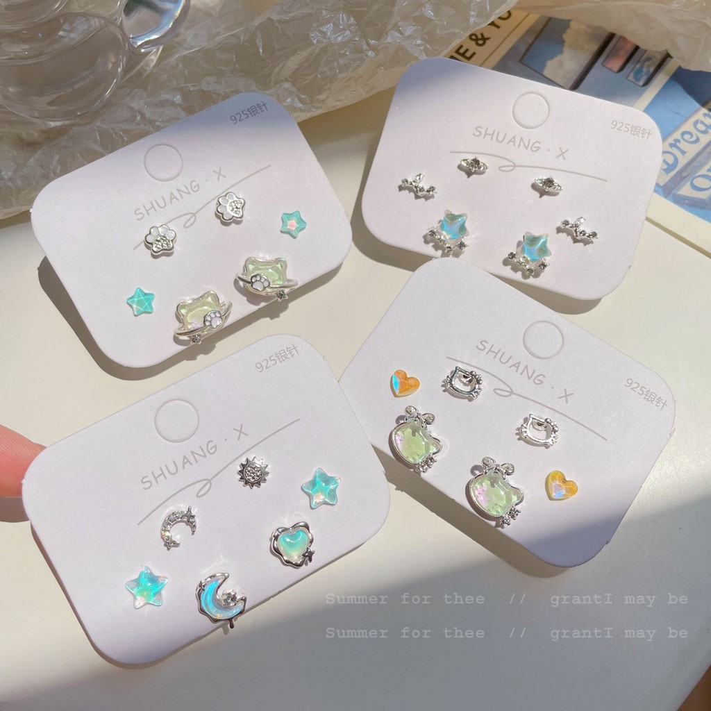 Ocean Clear Cat ต่างหูชุดสามชิ้นผู้หญิงเวอร์ชั่นเกาหลีเข็มเงินที่ไม่ซ้ํากัน Simple Star Moon Classy All-Match Niche ต่างหูฤดูร้อน