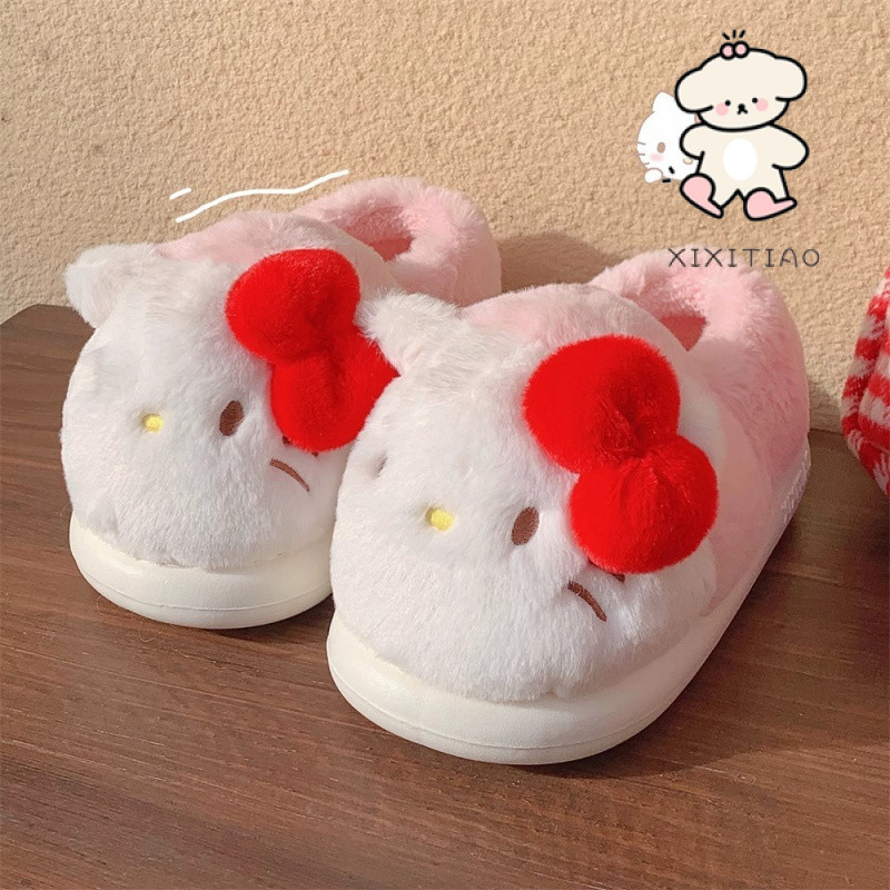 Xitiao Sanrio Hello Kitty รองเท้าแตะผ้าฝ้ายอุ่นตุ๊กตานักเรียนหญิงบ้านห้องนอนนุ่มสบายแต่เพียงผู้เดียว