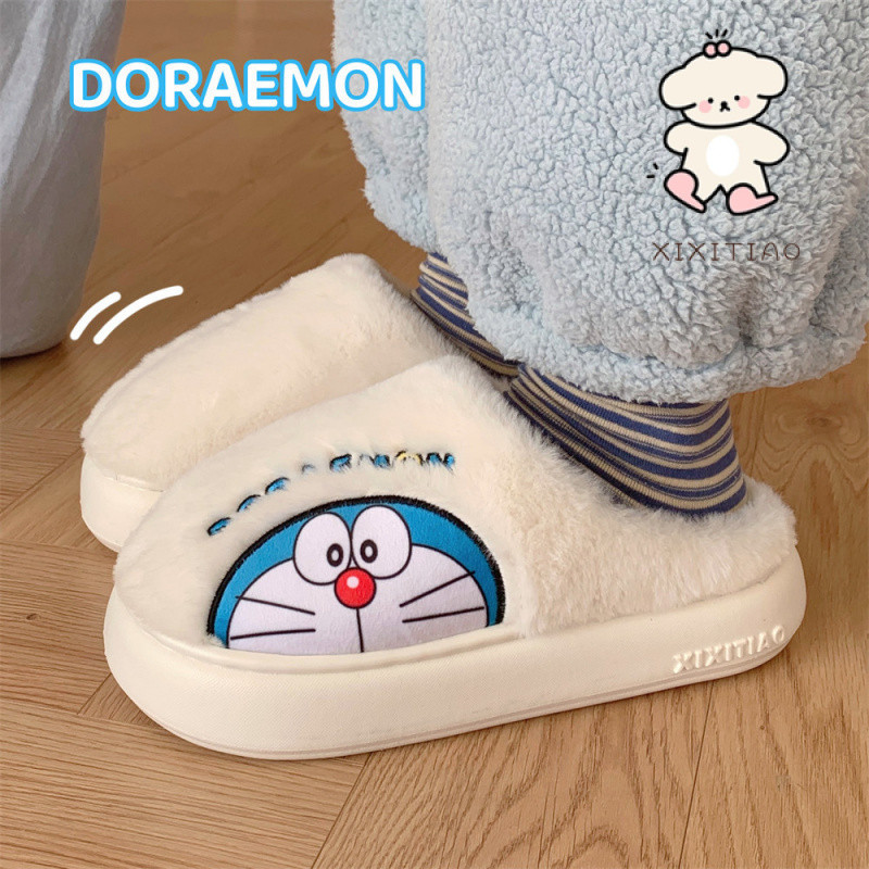 Xitiao ฤดูใบไม้ร่วงฤดูหนาว Doraemon ip Co-Branded Warm Baotou รองเท้าแตะผ้าฝ้ายการ์ตูนน่ารัก Tinkerbell Cat Soft Sole Confinement รองเท้าผู้หญิง