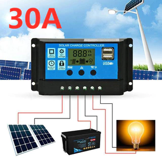Monqiqi PWM 30A โซล่าชาร์จเจอร์ Solar Charge Controller แบตเตอรี่ 12V/24V LCD Display Dual USB Solar Panel Charger