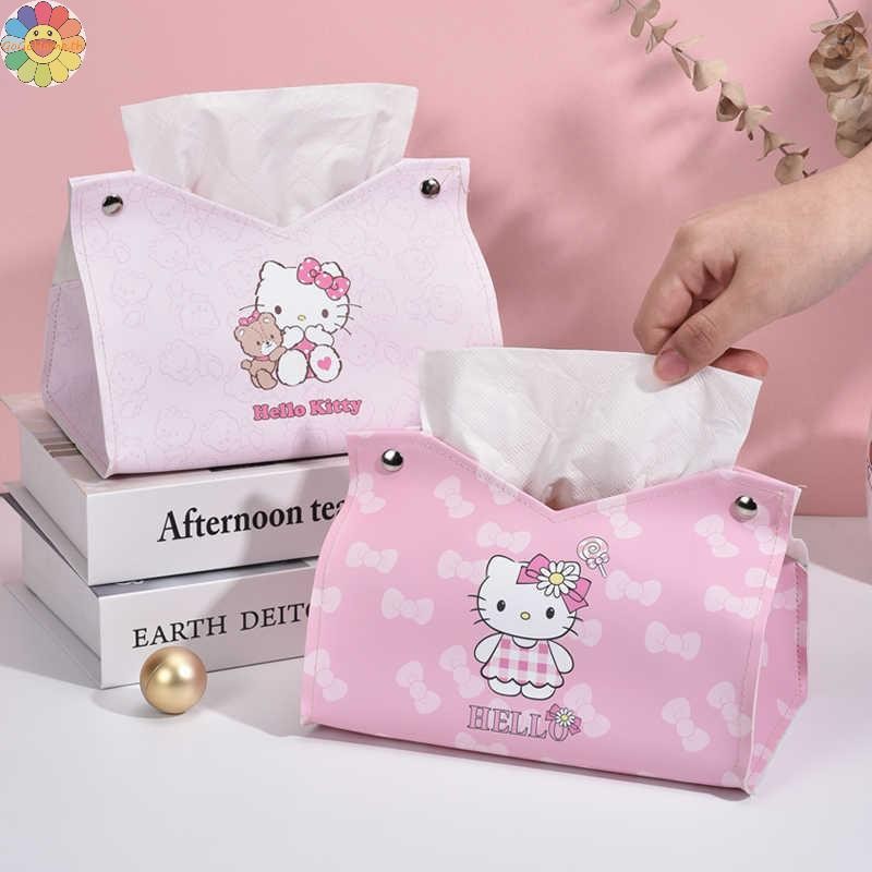 Gogo Sanrio Hello Kitty กล่องทิชชู่อะนิเมะห้องนั่งเล่นห้องรับประทานอาหารที่วางผ้าเช็ดปากเดสก์ท็อปตกแต่งกล่องเก็บความจุขนาดใหญ่ของขวัญ TH