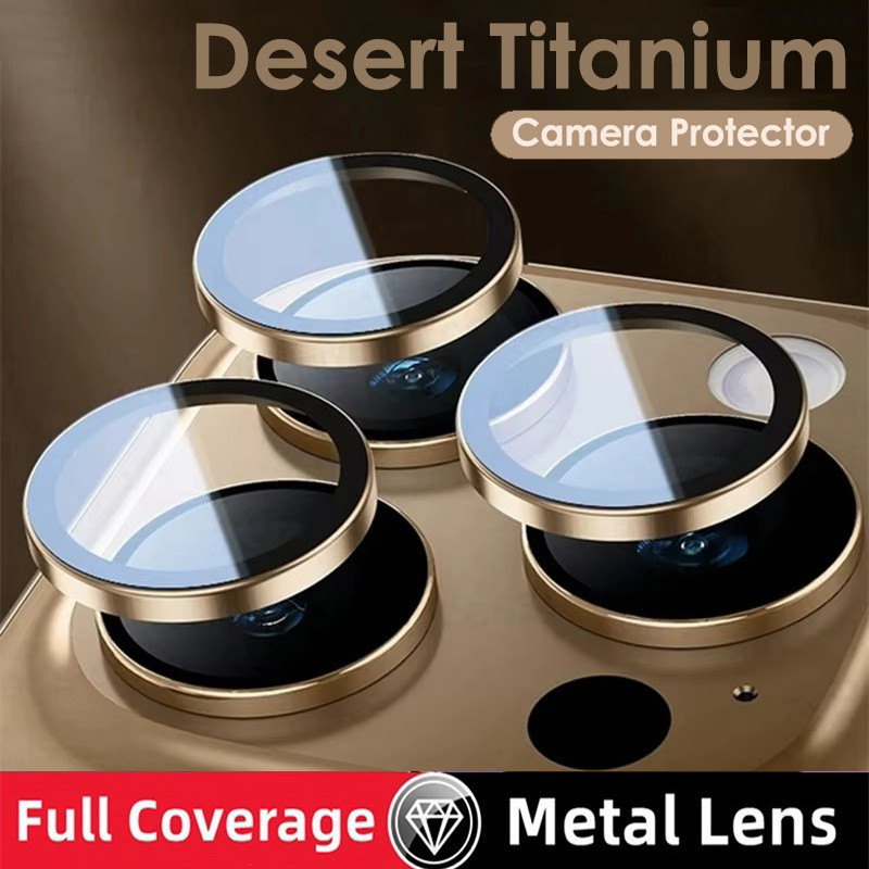 หรูหราทะเลทรายไทเทเนียมกล้องเลนส์ป้องกันฟิล์มสําหรับ ไอโฟน16 15 14 13 12 11 มือโปร สูงสุด 16 บวก 16จ กระจกนิรภัยโลหะแหวนฝาครอบเลนส์กล้อง