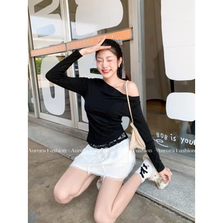 Aurora🛒พร้อมส่ง🚚 (รูปถ่ายจากงานจริง) เสื้อเปิดไหล่ ผ้าไหมพรม ดีเทลแต่งลูกไม้สีพื้น