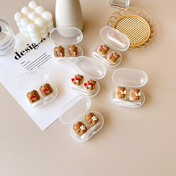 คอนแทคเลนส์สีดำ เลนส์กล้อง Simple Cute Bear Contact Lens Case Mini Compact Cartoon Care Case Cosmeti