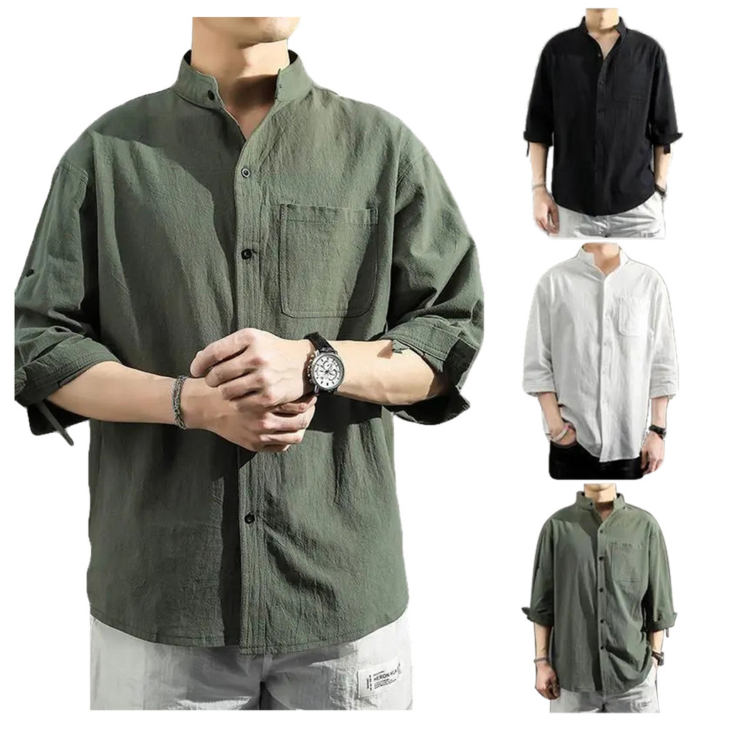 เสื้อเชิ้ตผู้ชายปกแขนกลางฤดูร้อนหลวมสบายๆแฟชั่นที่เรียบง่ายนุ่มสบายสีทึบเวอร์ชั่นเกาหลี ใช่56