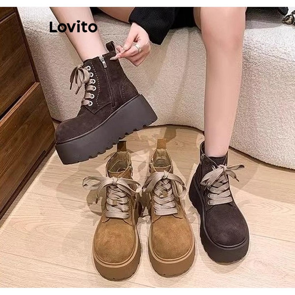 Lovito วินเทจวินเทจสีพื้นกลางหลอด Maillard อเนกประสงค์กระโปรงหนา Soled Martin รองเท้าแฟชั่น Boot สําหรับผู้หญิง  LFA60393