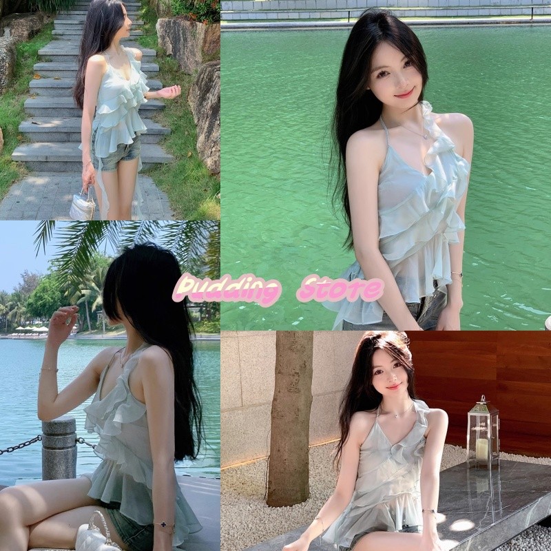 Pudding Store ~' 'พร้อมส่ง'  เสื้อสายเดี่ยวขอบบัวใบไม่สม่ำเสมอสีฟ้าแขนกุดเปิดกลับท็อปส์ FY3038
