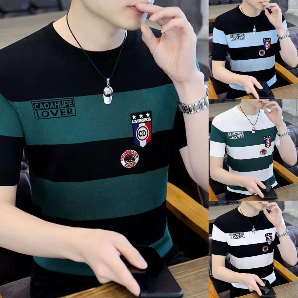 MANSTR เสื้อยืดคอกลมลายทางผู้ชาย เทรนด์ฤดูร้อนขนาดบวกแขนสั้นลําลองธุรกิจด้านบนสีดําสีขาวสีเขียวสีฟ้า