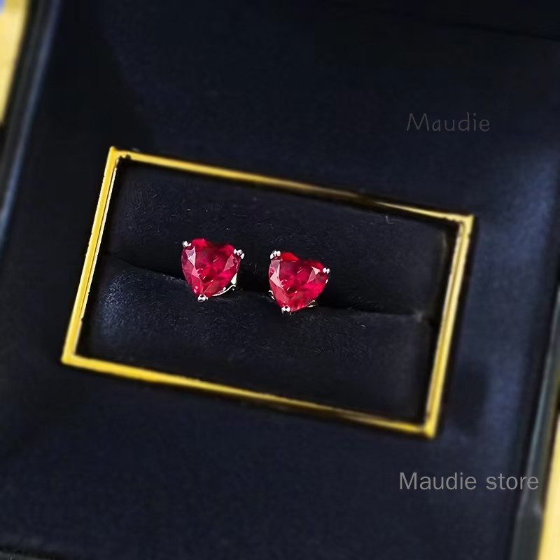 6.5 มม.ตัดหัวใจ Lab-grown Ruby ต่างหู 100% สามารถผ่านเพชร Retro สีแดง Corundum ผู้หญิงต่างหูผู้หญิง