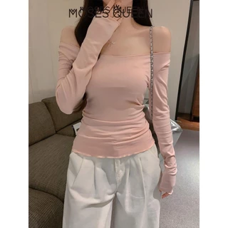 MOESSQUEEN มอสส์ ราชินี เสื้อยืดแขนยาวเปิดไหล่สีเทาบริสุทธิ์สําหรับผู้หญิงในช่วงต้นฤดูใบไม้ร่วงสาวฮอตไหล่เดียวขอบหูไม้เสื้อ จุดต่ําสุด ด้านบน #62818