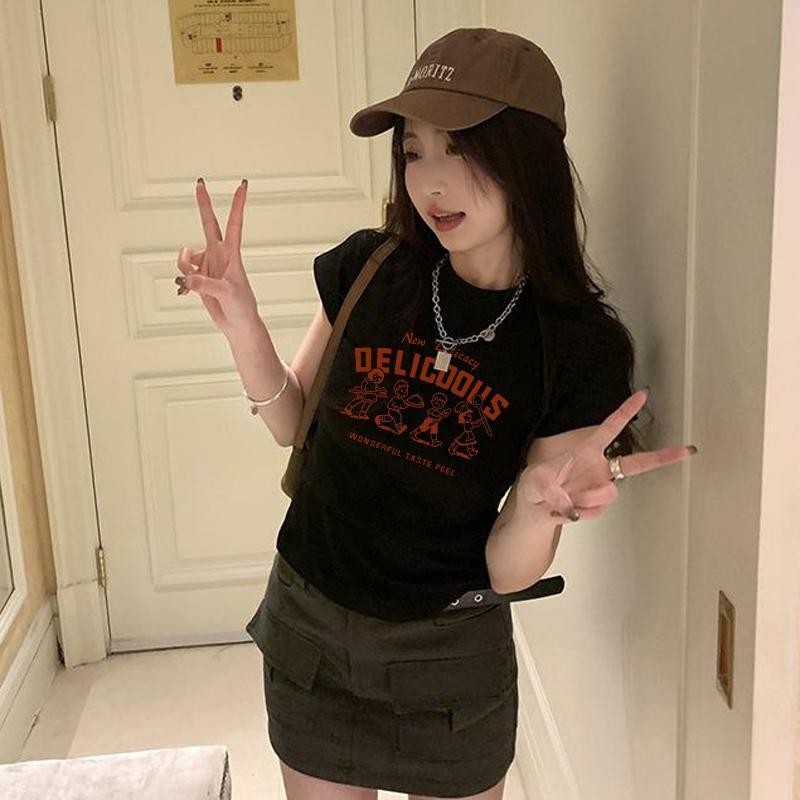 เสื้อยืดแขนสั้น แฟชั่นเรียบง่าย ผ้าฝ้าย  ทรงสลิมฟิต สำหรับผู้หญิง ท๊อป