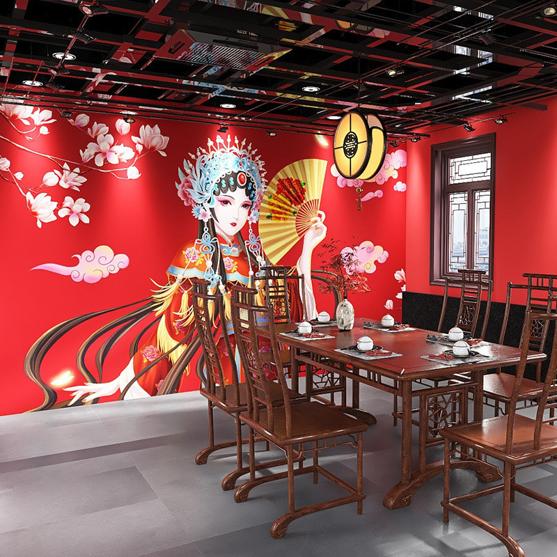 ที่กําหนดเองโบราณสีแดงปักกิ่งโอเปร่าจีน-เก๋ร้านหม้อไฟวอลล์เปเปอร์ภาพจิตรกรรมฝาผนังร้านอาหารจีนห้องโถงไพ่นกกระจอกร้านบาร์บีคิวตกแต่งผนัง
