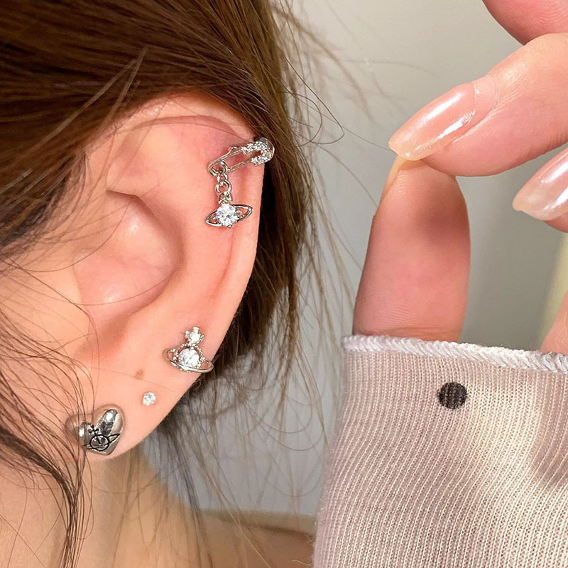 Elegant Alloy Geometry Rhinestone Pin Planet Earbone ต่างหูสําหรับผู้หญิง