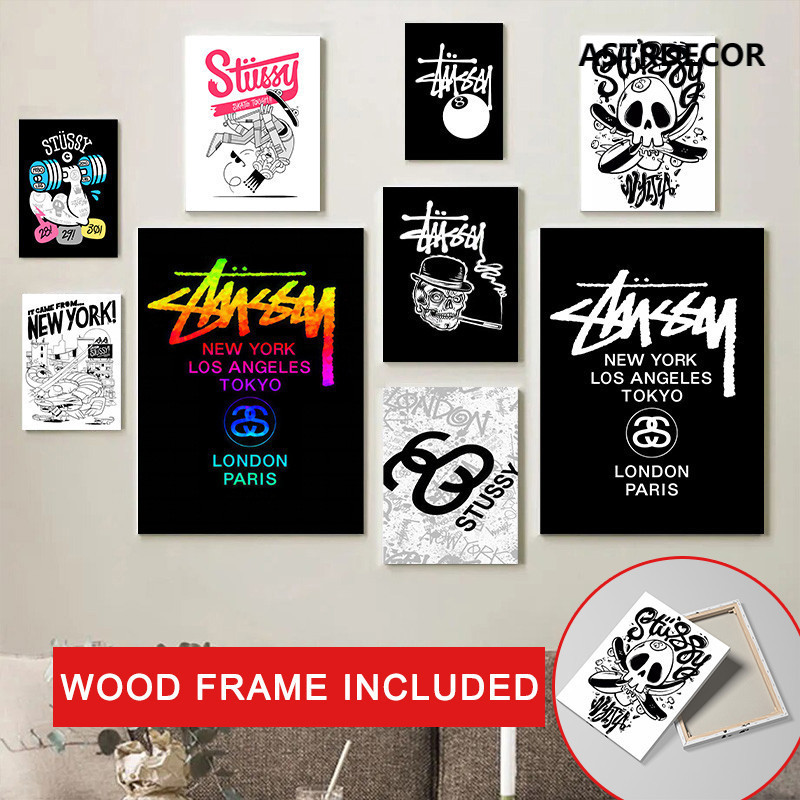 STUSSY (พร้อมกรอบ) ศิลปะ ดื้อรั้น โลโก้โปสเตอร์ภาพวาดฝาผนังชายตกแต่งห้องผ้าใบสีดําและสีขาวภาพตกแต่งห้องนอนผนังศิลปินตกแต่งบ้าน