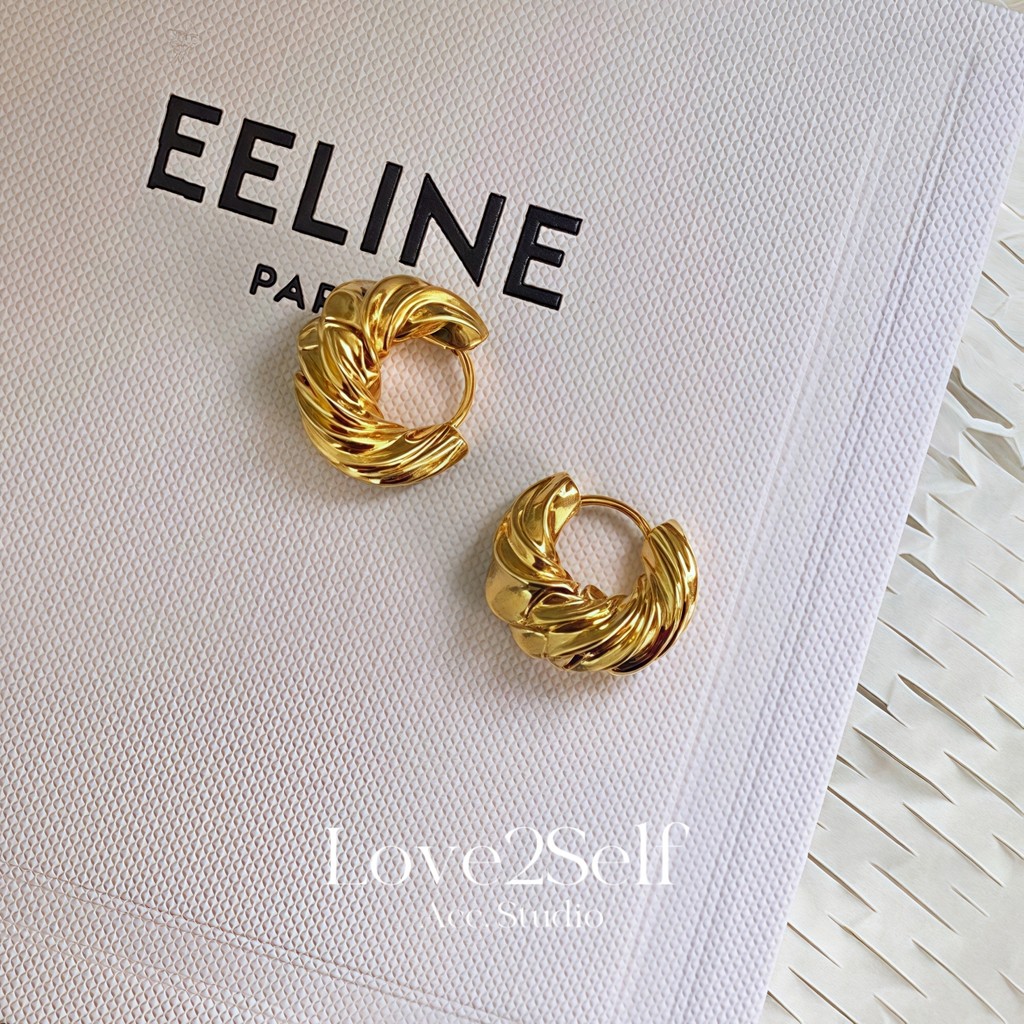 Love2Self E212 Vintage 14K Gold Plated Croissant Hoop ต่างหูสําหรับผู้หญิง Silver Twist Hoop ต่างหู