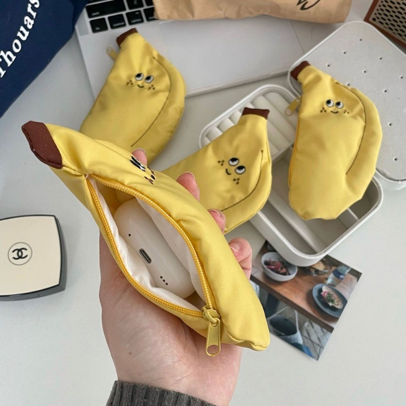 กล้วยน้อยน่ารักกระเป๋าใส่เหรียญแฮนด์เมดการ์ตูนสาวหัวใจมินิผ้าใบเอกสารหูฟังการจัดเก็บกระเป๋านักเรียนจี้