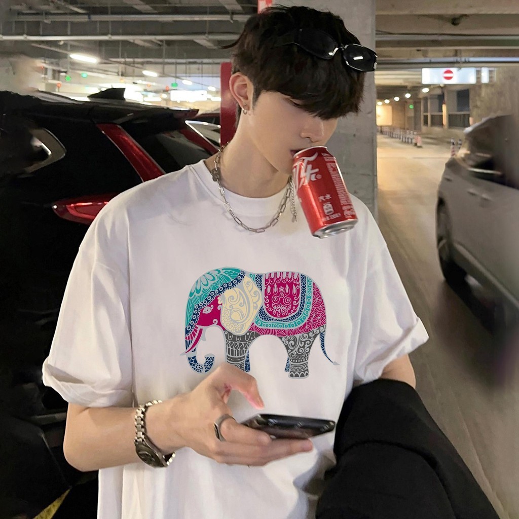 เสื้อยืดโอเวอร์ไซส์ ผู้ชายและผู้หญิง ลาย "Elephant" เสื้อยืดผ้าคอตตอน ผ้าฝ้ายใส่สบาย สไตล์เกาหลี เสื้อยืด มินิมอล