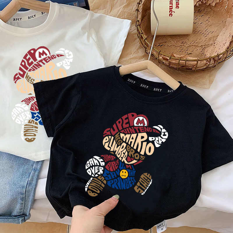 เสื้อยืดแขนสั้นเด็กชาย ฤดูร้อนใหม่สไตล์เกาหลีผ้าฝ้ายพิมพ์การ์ตูนแฟชั่นสบายๆบางBreathableด้านบนBottomingเสื้อ