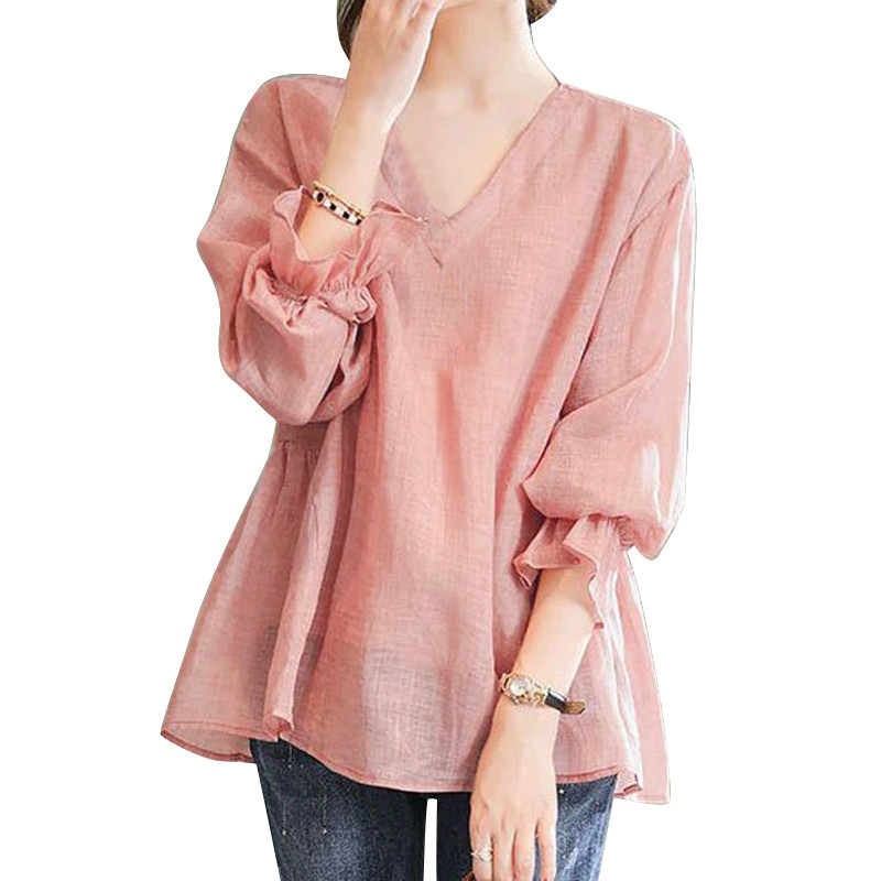 เสื้อเบลาส์ลําลอง คอวี แขนแต่งระบาย ทรงหลวม สีพื้น สไตล์เกาหลี สําหรับผู้หญิง