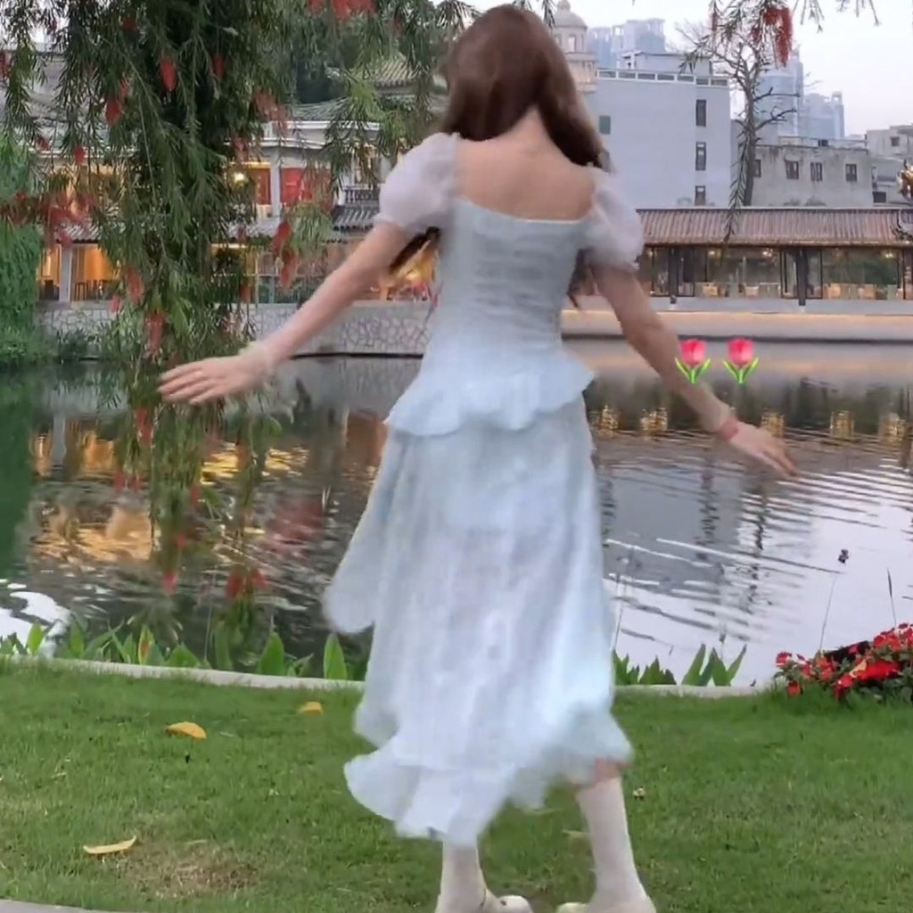 ส่งจากกรุงเทพฯ ฝรั่งเศส ฤดูร้อน แขนบิน ชุดเดรส หญิง กระโปรงหน้าสั้นและหลังยาวไม่สม่ำเสมอ