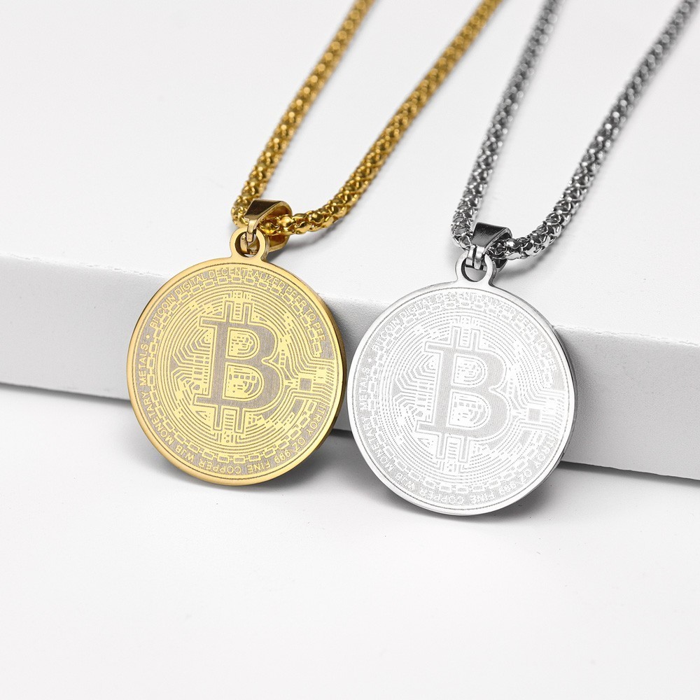 แฟชั่นสแตนเลสสตีลใหม่ Bitcoin จี้สร้อยคอสีทองสีเงินรอบแกะสลักเหรียญสร้อยคอสร้อยคอ Jewellery