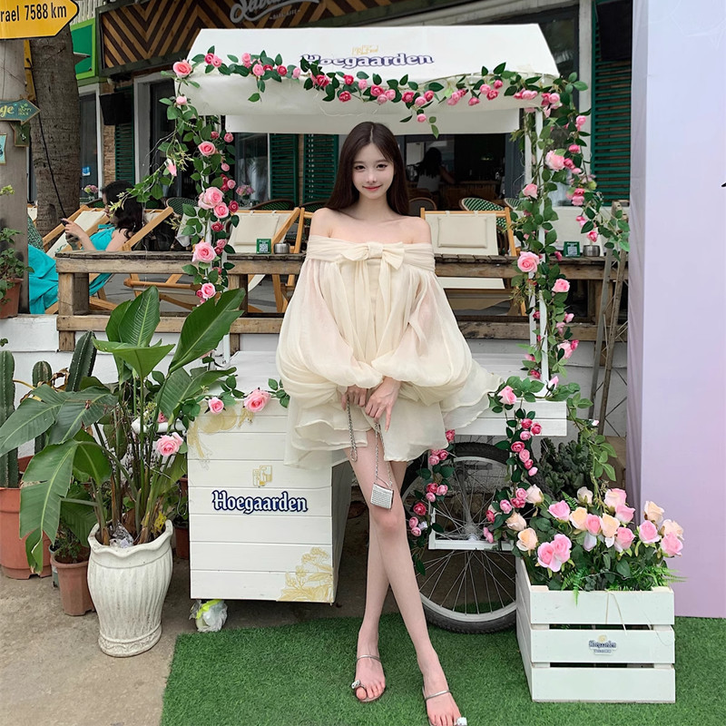 ชุดเดรสแขนยาว ผ้าชีฟอง ทรงหลวม สุดเซ็กซี่ คอเดียว