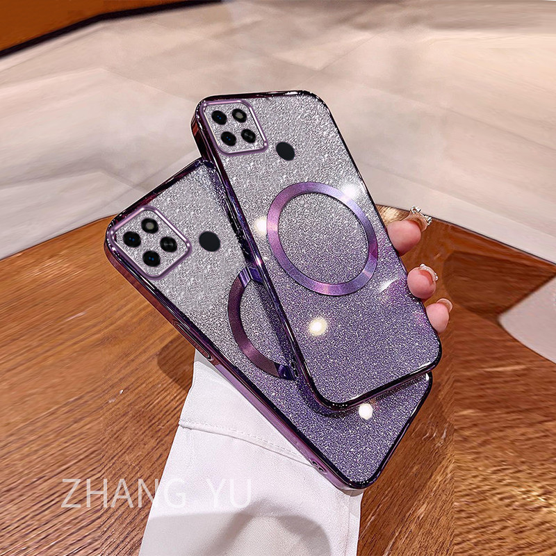 Casing Realme C21 C21Y C25Y C15 C25 C25S C12 TPU เคสโทรศัพท ์ แม ่ เหล ็ กดูดวงกลมแพทช ์ บางเฉียบ electroplated นุ ่ มกรณี