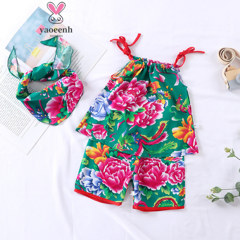 【YAOEENH】พร้อมส่ง ชุดนอน เสื้อครอป และกางเกง ผ้าฝ้าย ลายดอกไม้ ขนาดเล็ก 80-130 ซม. แฟชั่นฤดูร้อน สําหรับเด็กผู้หญิง
