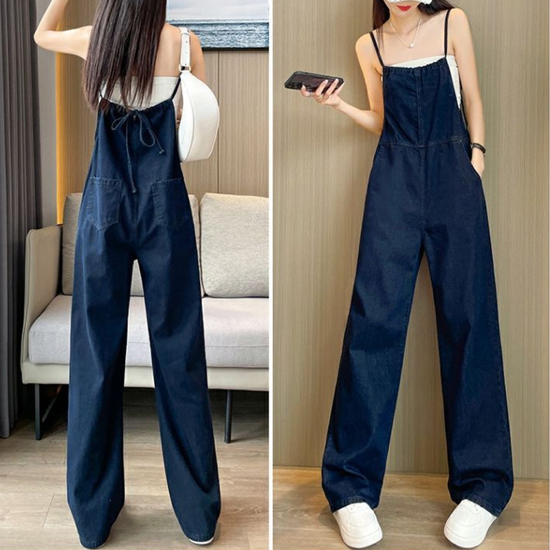 Retro Denim Jumpsuit Overalls กางเกงผู้หญิงบางเอวสูง Slimmer ดูอารมณ์สลิงกว้าง