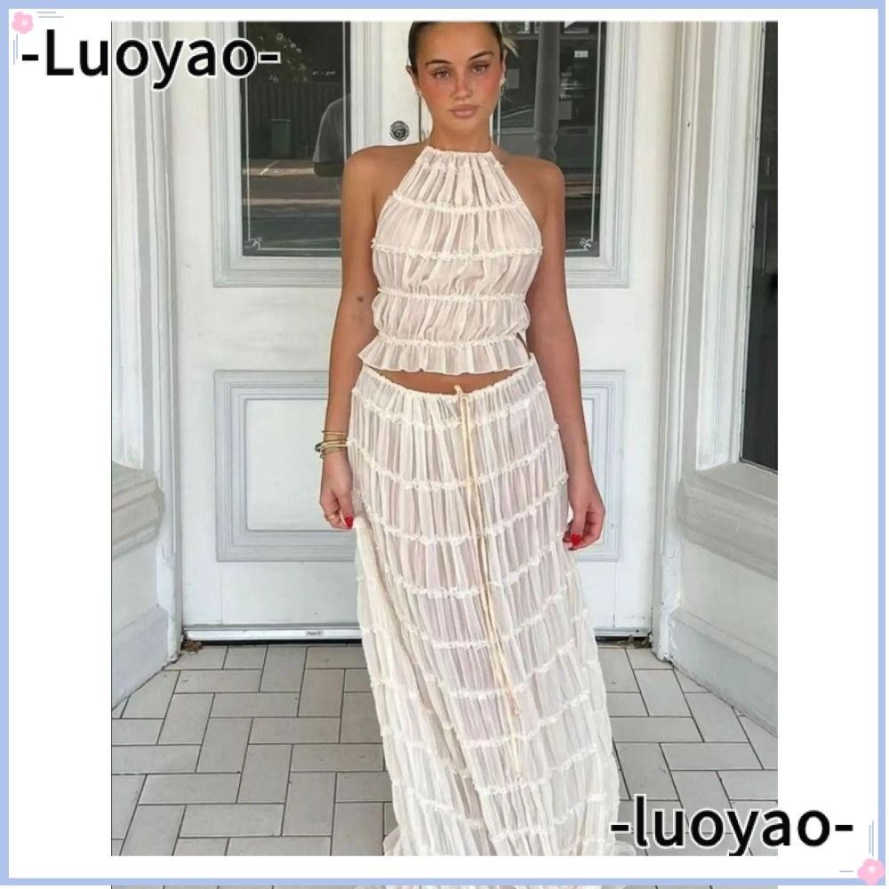 Luoyao ชุดเดรสกระโปรงยาว สายคล้องคอ แต่งจับจีบ เปิดหลัง หรูหรา แฟชั่นฤดูร้อน สําหรับสตรี