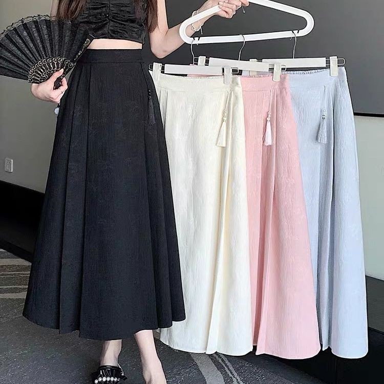 2024 สไตล ์ จีนใหม ่ สไตล ์ จีนกระโปรง Jacquard คนขนาดเล ็ กสามารถสวมใส ่ เอวยางยืด Slimmer ดูปรับปรุง Horse Face กระโปรงจีบอินเทรนด ์