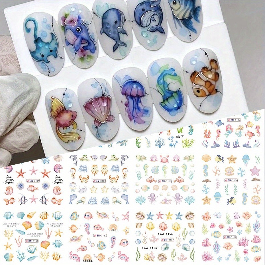 12pcs Ocean Water Transfer Sliders การ์ตูนแมงกะพรุนปลาดาว Sea เต่าออกแบบเล็บสติกเกอร์ Shells Mermaid ฤดูร้อน Charm Decor Decals
