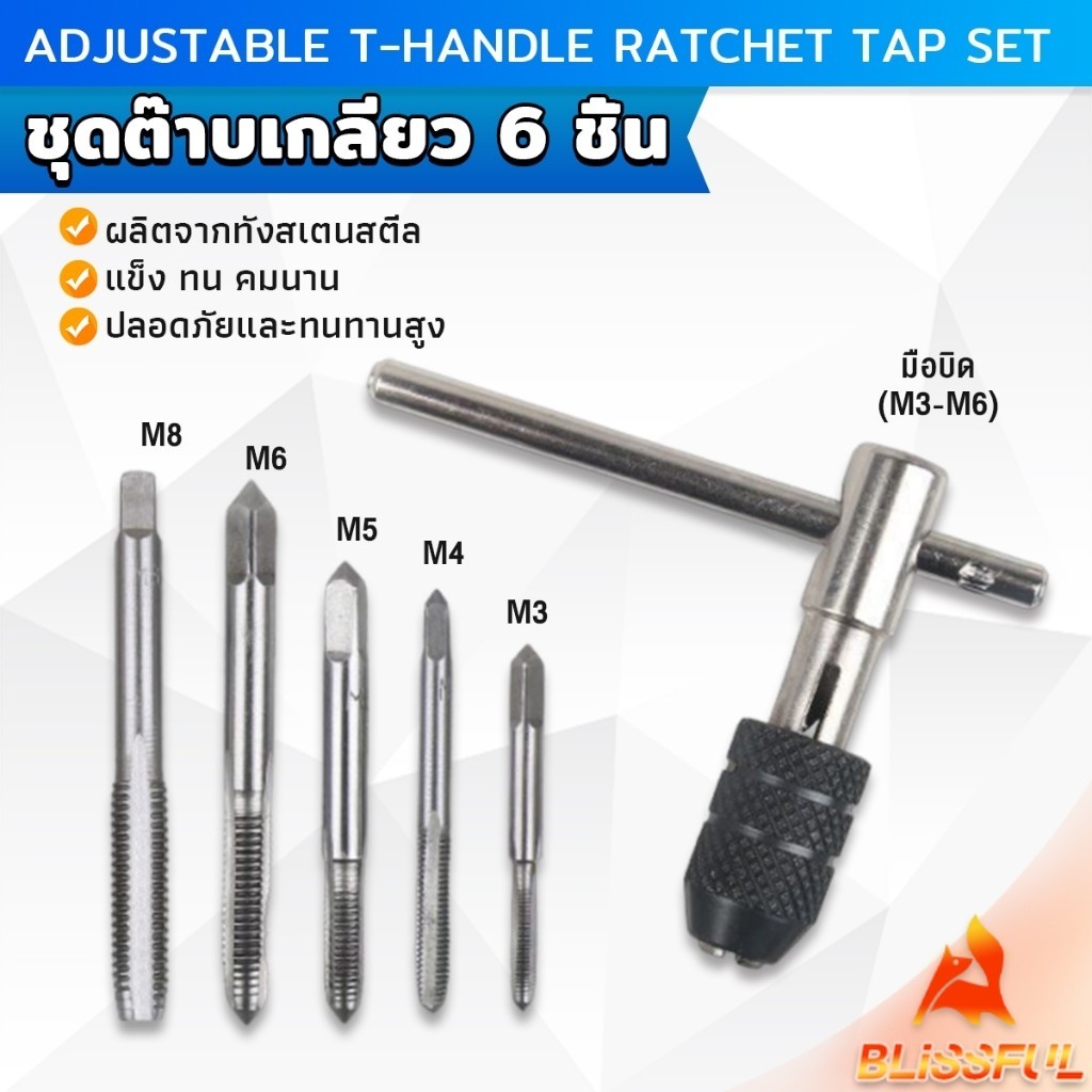 B.F ชุดต๊าบเกลียว 6 ชิ้น ประกอบด้วยด้ามต๊าป M3x0.5 ,M4x0.7 ,M5x0.8,M6x1,M8x1.25 Tap wrench set