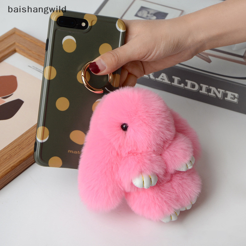 Bwth พวงกุญแจแหวนปุยจริง Pompon กระต่าย Trinket Charm น่ารักพวงกุญแจบนกระเป๋าจี้กุญแจรถเยลลี่